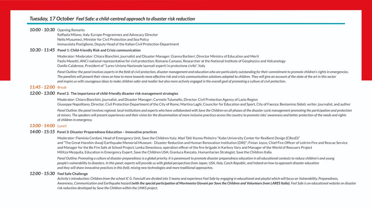 🔸Panel 1: Child-friendly Risk and Crisis communication
🔹Panel 2: The importance of child-friendly Disaster Risk Management strategies
🔸Panel 3: Disaster Preparedness Education - Innovative practices
🔹Feel Safe Challenge