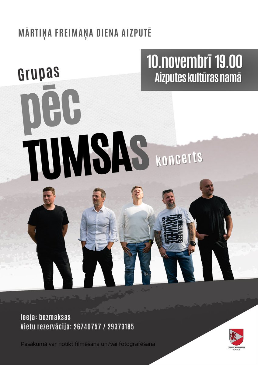 Mārtiņa Freimaņa diena Aizputē. 10.11 
#pēcTUMSAs #aizpute #martinsfreimanis 
P.s. 16. oktobrī gaidiet grupas pēcTUMSAs un dziedātājas Dionas kopdarbu dziesmā "Tālumā".