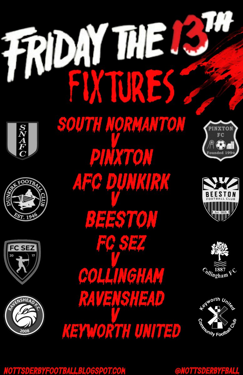 Friday The 13th Football. A scarily exciting derby as @officialshiners take on @pinxtonfc1 in @CentralMidsAll While in @NottsSeniorLge @afcdunkirk v @BeestonFC1st @FCSez v @CollinghamFC @RavensheadF v @KeyworthUtdFc Where a you heading? nottsderbyfootball.blogspot.com/2023/10/midwee…