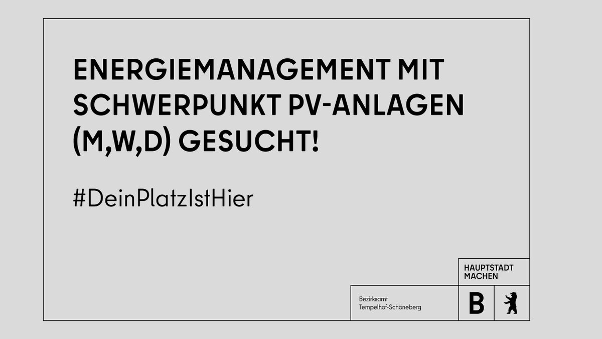 Die Abteilung Stadtentwicklung im Bezirksamt #Tempelhof-#Schöneberg sucht ab sofort und unbefristet Energiemanagement mit Schwerpunkt PV-Anlagen (m/w/d).

Bewerbungsfrist: 🗓️29.10.2023
➡️karriereportal-stellen.berlin.de/stellenangebot…
#JobsBerlin <a href="/EvaMajewski/">Eva Majewski</a>