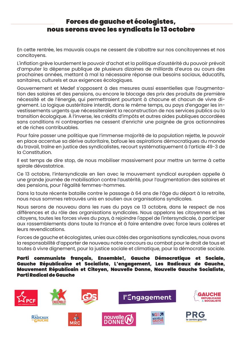 Les forces de gauche &amp; écologistes sont  bien présente au coté des #syndicats pour la #greve13octobre #manif13octobre.
Pour la Rochelle, RDV Place Pierre Sémard à 14h30 ✊