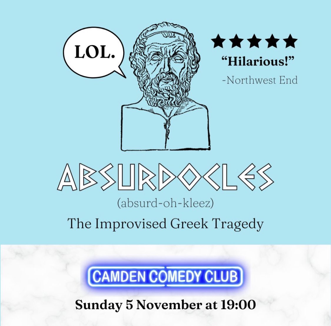 absurdocles's tweet photo. ⚡️Zeus here

It brings me joy to announce our monthly residency @CamdenComedy 
1st Sunday of the month

Sun 5 November
7pm

Expect tragic heroes, menacing gods &amp; utter stupidity.

#ClassicsTwitter #greektragedy #londoncomedy 

https://t.co/Mce5HYy3GY https://t.co/YrsWspxObl