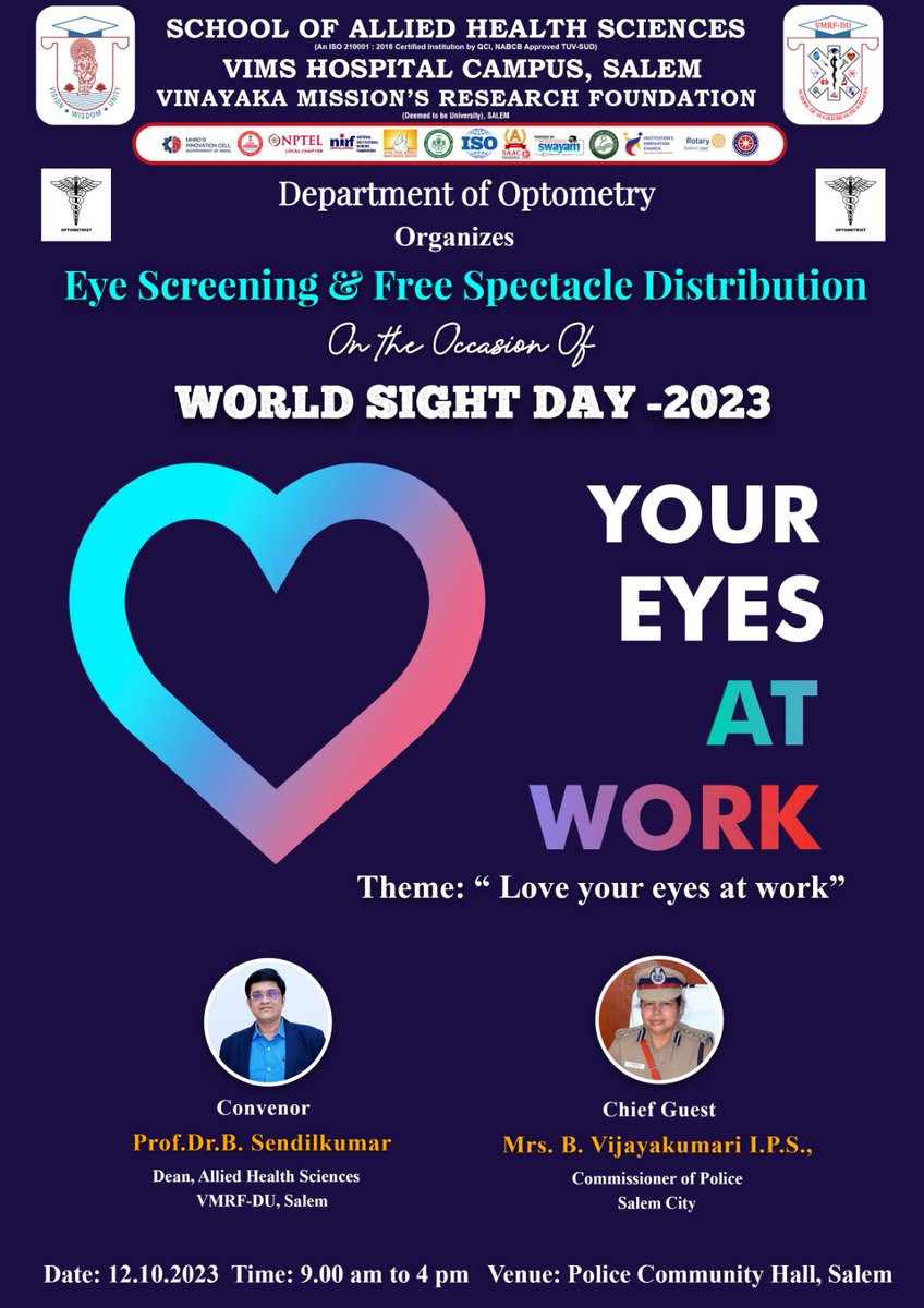 sahsvmrfsalem's tweet photo. As a part of World Sight Day celebration Department of Optometry organized Free Eye screening and spectacle distribution for the Police officials and their families.
#WorldSightDay2023 #freescreening #CompleteHealthCheckup #awareness #optometry https://t.co/YkQYZedaSN