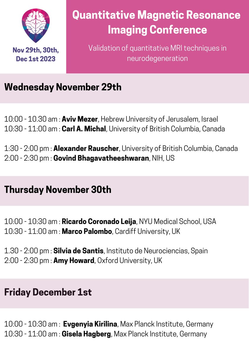 📢We are super excited to share our qMRI conference 2023 program! 
Our stellar lineup of researchers is geared up to explore cutting-edge ways to validate qMRI techniques within the realm of neurodegeneration✨