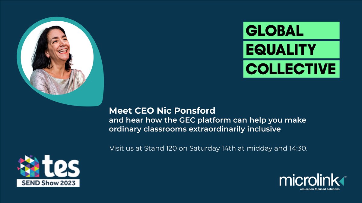 MicrolinkE's tweet photo. Do you want to know more about the Global Equality Collective?
Meet CEO Nic Ponsford and hear how the GEC platform can help you make ordinary classrooms extraordinarily inclusive. Visit our Stand 120 on Saturday, 14th, at midday and 14:30.
https://t.co/AMkNOdU8D1
#TESSENDShow23 https://t.co/yKLv7g1YWU