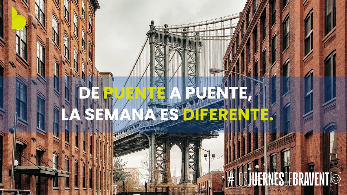 Hoy es #Puente , ¡Seguro que lo habréis estado esperando desde el final del verano! 
En Bravent vamos de puente a puente y la semana es diferente gracias a  nuestras 36 horas de Lunes a Juernes 😉 Si tú también quieres ser #MuyBravent envíanos tu cv a peoplewithtalent@bravent.net