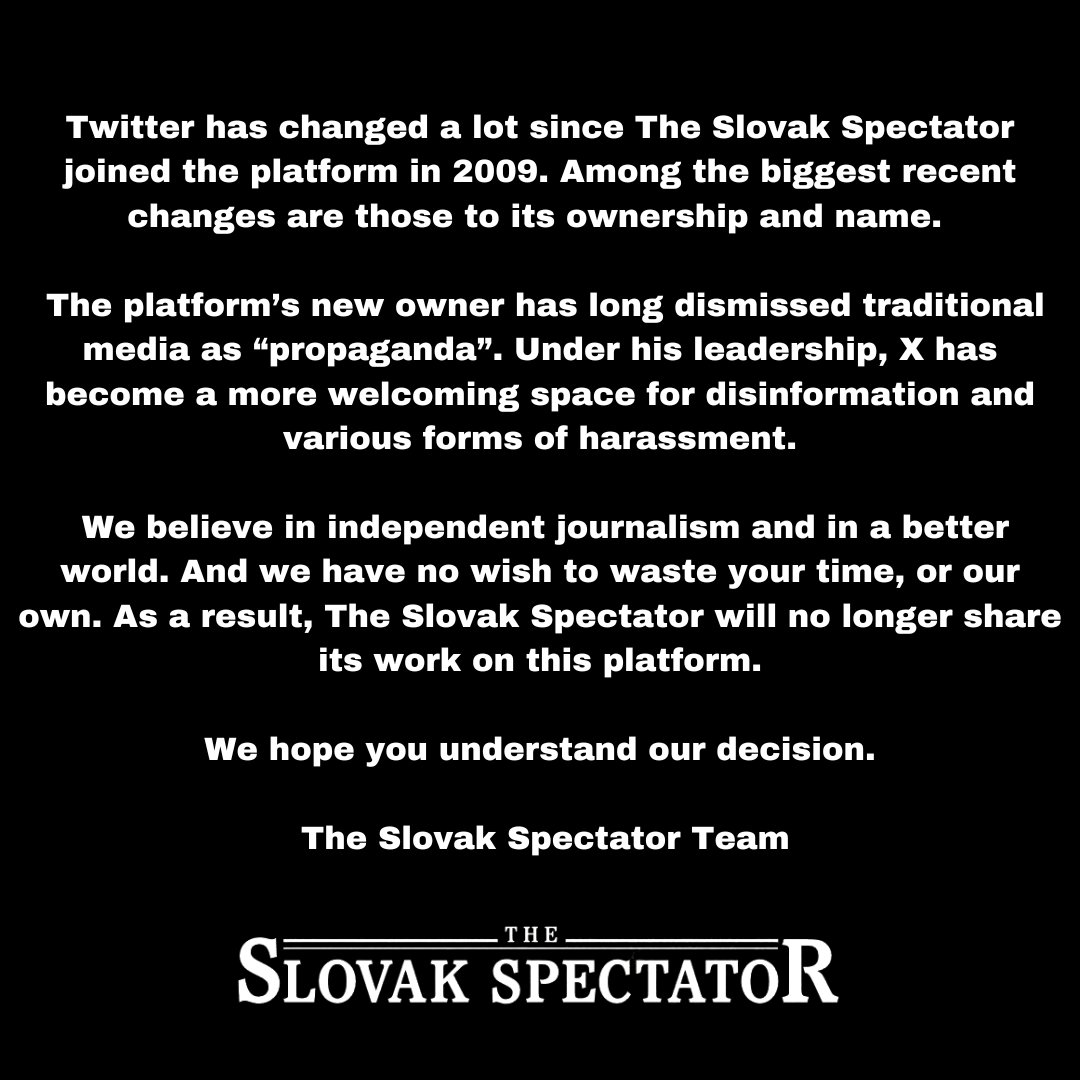 The Slovak Spectator will no longer be posting its content to X. You can access our content through spectator.sk, the SME app, our newsletters, and via Facebook, Instagram and LinkedIn.