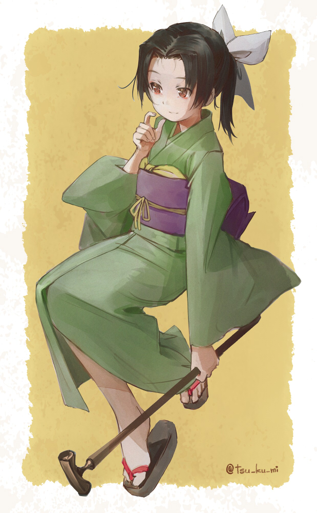 1girl japanese clothes solo kimono green kimono sash black hair  illustration images