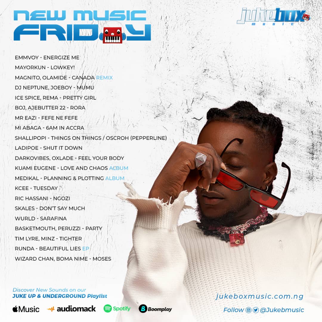 jukebmusic's tweet photo. Jukebox New Music Friday.

Emmvoy - Energize Me
Mayorkun - Lowkey!
Magnito, Olamide - Canada Remix
DJ Neptune, Joeboy - Mumu
Ice Spice, Rema - Pretty Girl https://t.co/Re5tnkIwWK