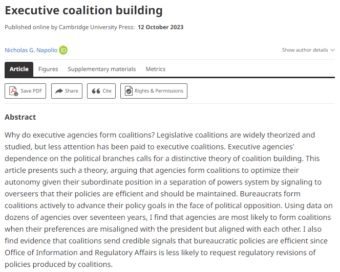 A new interesting article by Nicholas G. Napolio is now available on our FirstView page. It is entitled 'Executive coalition building'. Enjoy it here: t.ly/wmum5 @JPublicPolicy @PSUPublicPolicy @PSUresearch @PSULiberalArts