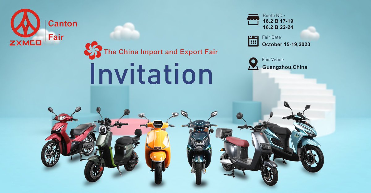 ZXMCO_ltd's tweet photo. This is exciting news. The 134th Canton Fair is about to debut. #ZXTEC will display a variety of new products. We sincerely invite you to join us at our booth to explore and experience the latest technologies and products. #ZXMCO #motorcycles  #electricscooter #scooter #bike https://t.co/SodtsZJ6Tn