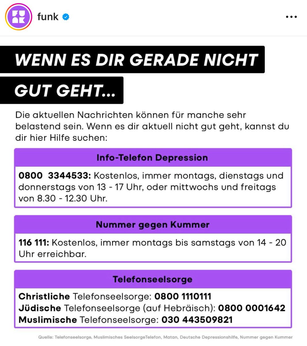 FlorianSchlund's tweet image. Hier die #Telefonseelsorge Nummern nochmal mit #Bildbeschreibung:
Wenn es dir gerade nicht gut geht:
Info-Telefon Depression:
0800 3344533
Nummer gegen Kummer: 116 111
Telefonseelsorge:
Christliche: 0800 1110111
Jüdische (hebräisch) 0800 0001642
Muslimische: 030 443509821