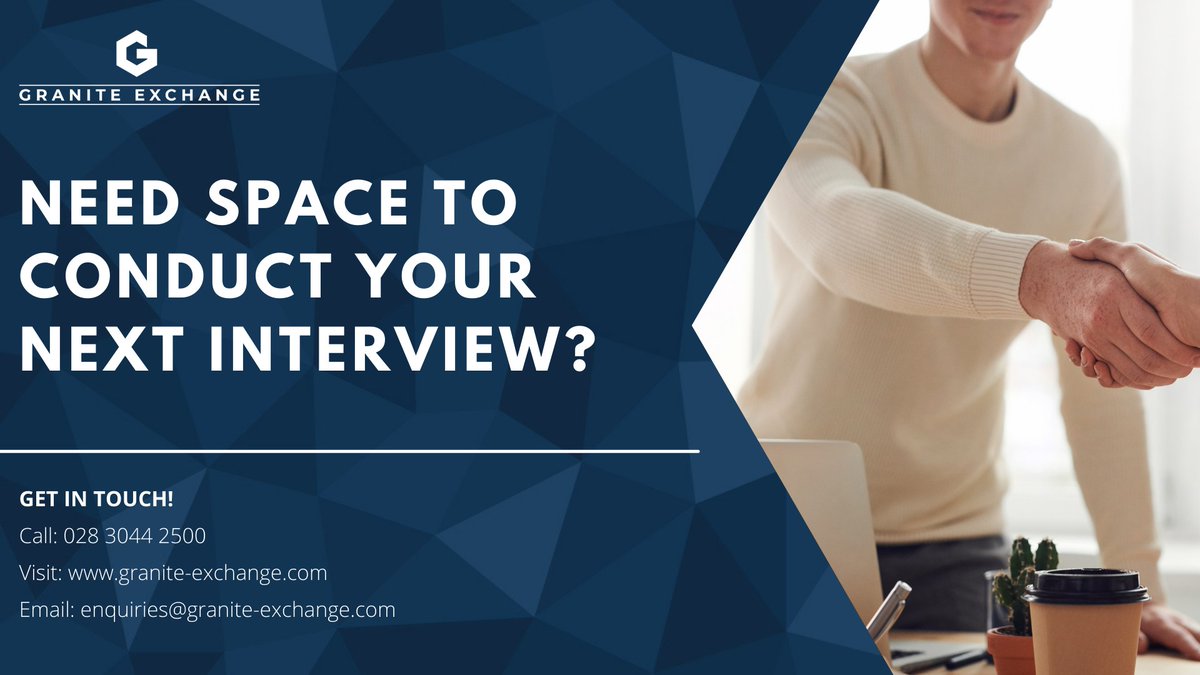 Hosting an interview?

Our meeting rooms are perfect for:
- Interviews
- Client consultations
- Private tutoring sessions
All in a safe and friendly environment!

For more information or to book: 
Call: 028 3044 2500
Email: enquiries@granite-exchange.com