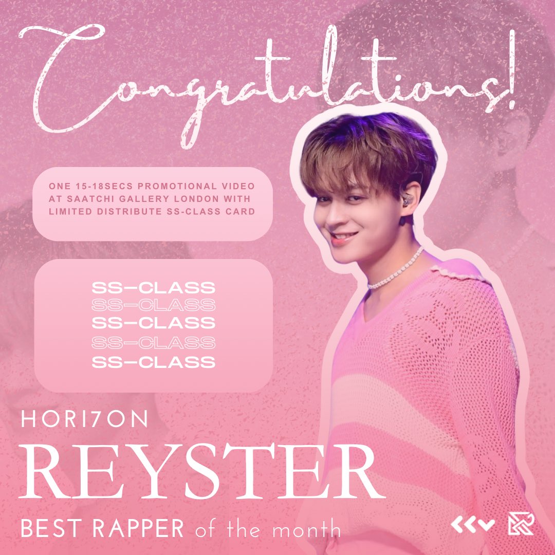 ReysterGlobal's tweet photo. [INFO] 231013 KOOKYDEX

Congratulations HORI7ON Reyster for winning #1 in category of BEST RAPPER of the month and reaching the SS- Class 🏆. Edition cards will be distributed for global promotion in London.

Thank you, Reystars ✨

#HORI7ON #호라이즌 #REYSTER #레이스터 https://t.co/1JtJP91GFs