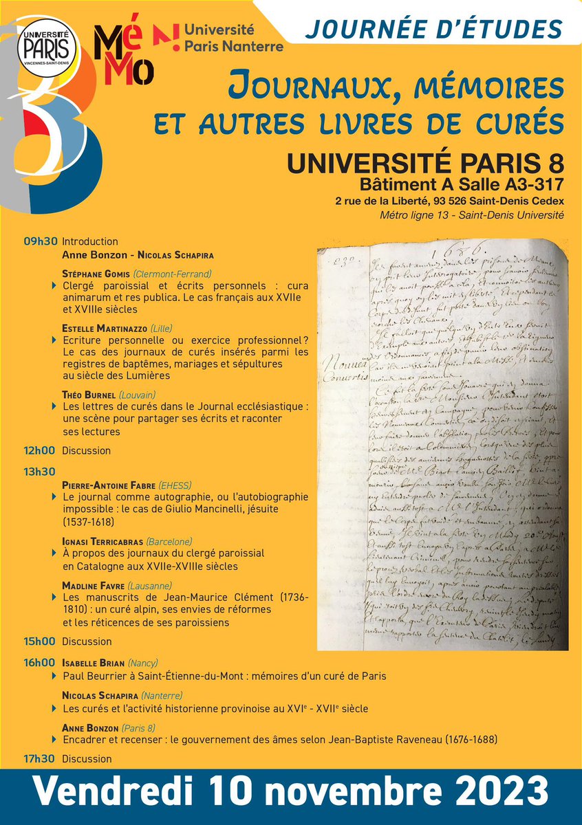 CentreMemo's tweet photo. 📆 Journée d’étude « Journaux, mémoires et autres livres de curés » organisée par Anne Bonzon (P8) et Nicolas Schapira (UPN)

Vendredi 10 novembre à @UnivParis8 

@Annedeparis9 @BUParis8 @UPN_Recherche https://t.co/YMHNfhzk48