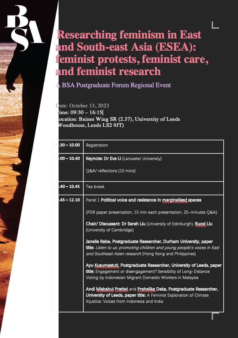 DrSarahLiu's tweet photo. What a fabulous program put together by @CIGSLeeds's @TaoyuanL! Excited to be in #Leeds and be a part of it - I'll be discussing the Political Voice and Resistance in Marginalised Spaces panel, featuring @janelle_rabe @Asti_Infinity @pratiwiandi Prahelika Deka @gab_5y @Ruoxi_L_. https://t.co/QQvTk23wJN