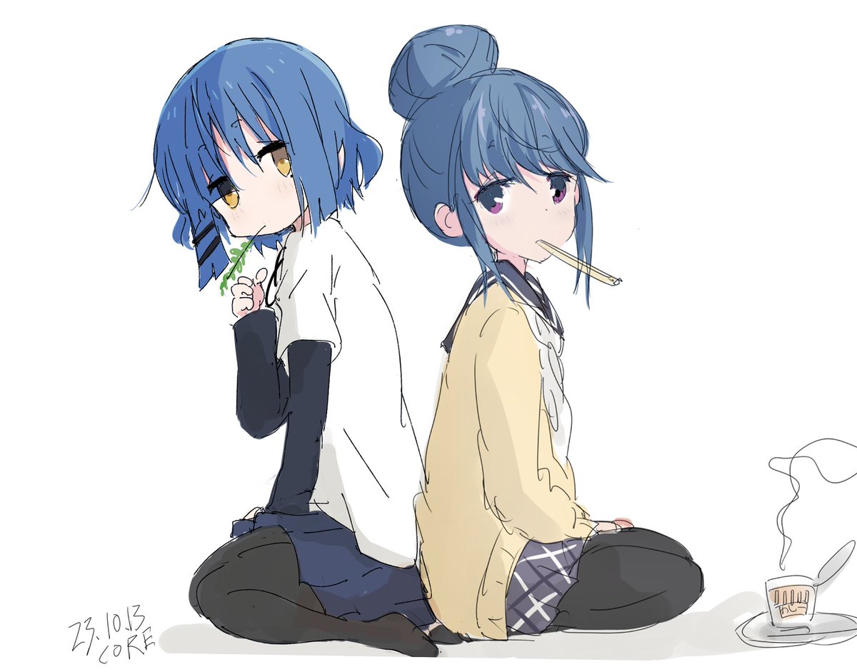 shima rin multiple girls 2girls blue hair pantyhose seiza single hair bun white background  illustration images