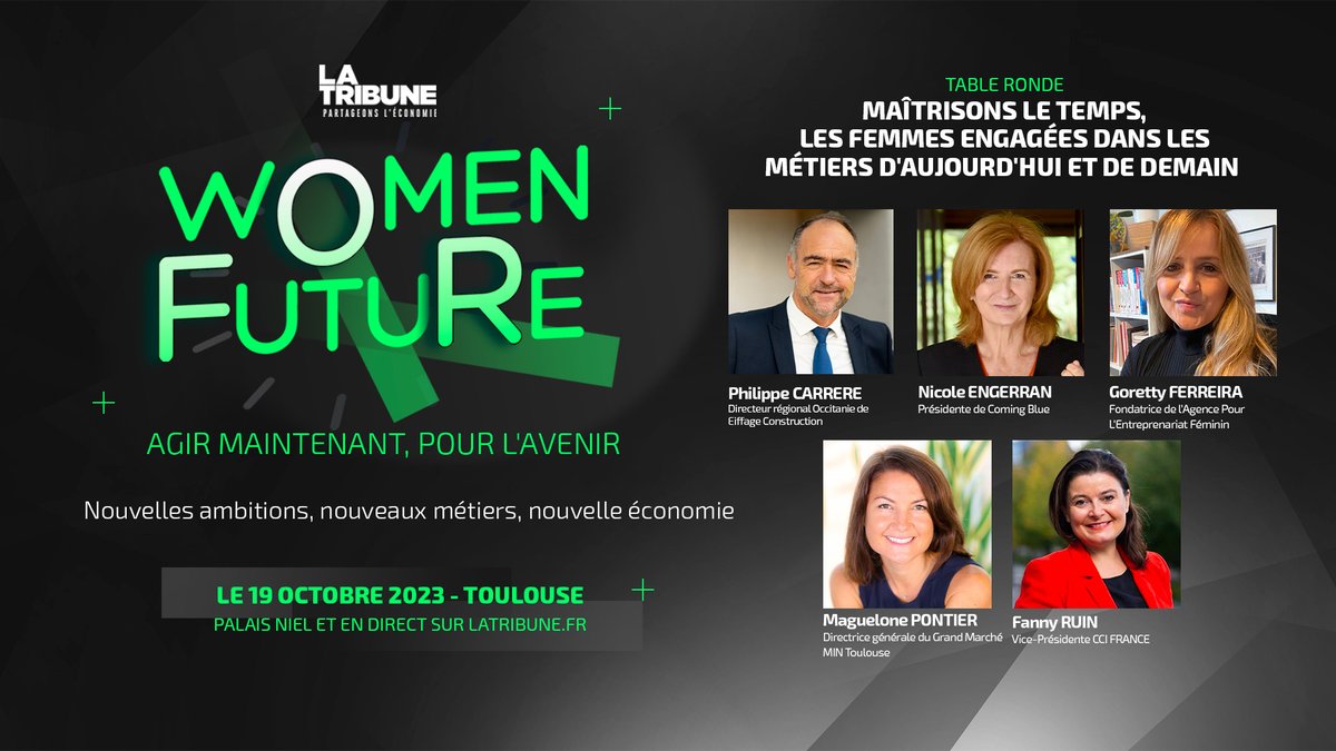 #WomenForFuture - "Maîtrisons le temps, les femmes engagées dans les métiers d'aujourd'hui et de demain" 👩

RDV à #Toulouse en #Occitanie, le 19/10 pour suivre cette table ronde !

Pour s'inscrire 👉 women-for-future.vimeet.events/fr/question/597