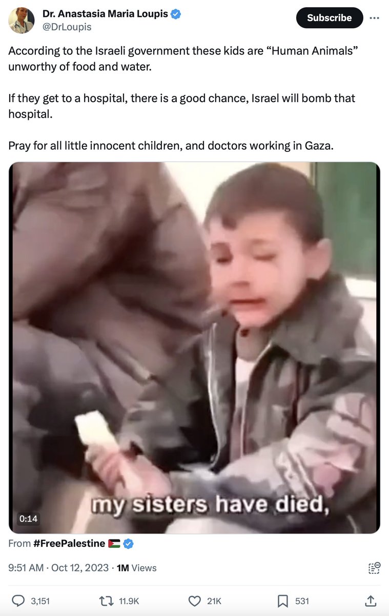 hoje_no's tweet photo. O vídeo da esquerda foi compartilhado ontem e em poucas horas alcançou mais de 1 milhão de views e 21 mil likes. De acordo com a autora do post, o vídeo retrata uma criança palestina na Faixa de Gaza chorando a morte da irmã em um ataque israelense, mas tem um problema...

O vídeo foi gravado em 2014 e mostra uma criança síria chorando a morte da irmã após um bombardeio em Aleppo realizado pela Rússia, de Vladimir Putin, que estava apoiando a defesa da ditadura de Bashar al-Assad.