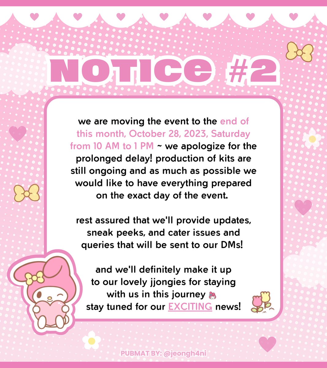 READ  . . .   📢🗯️❕❕

we are also disheartened for the sudden delay as our supposed d-day is just in 2 days  ૮ ◞ ⸝⸝ ◟ ྀིა  but fret not ~ we'll surely make it up to our melo friends!! 

hang in there   ♡.𖥔 ݁ ˖   FAQs to be posted up next ^^

#MyMelodYOONMnlUpdates