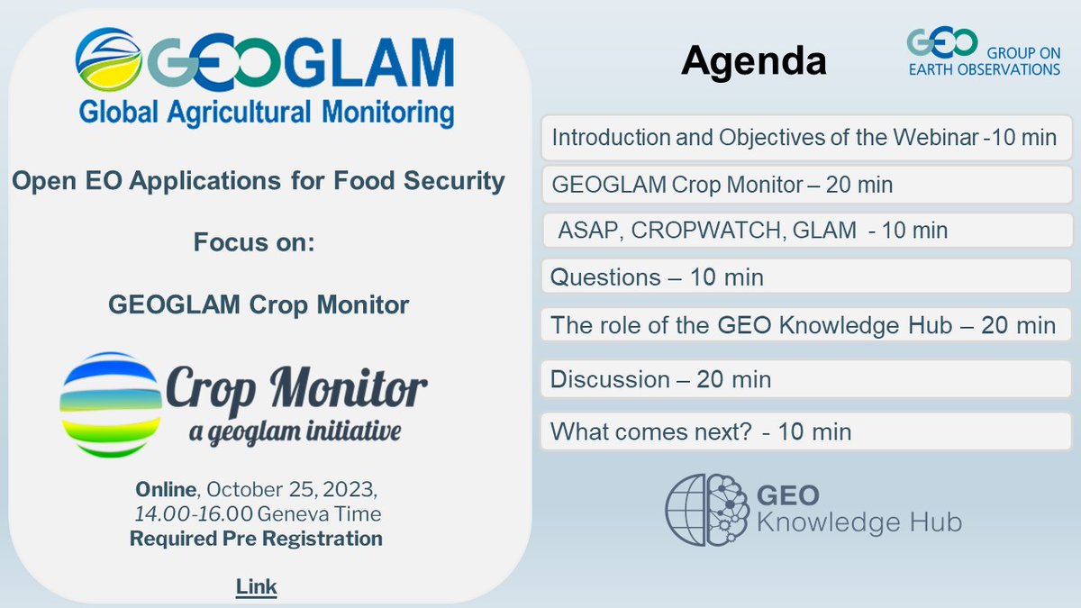 G20_GEOGLAM's tweet photo. π πΎ Join our 1st webinar on Open Earth Observations for Food Security! π
ποΈ Oct 25
π 14:00-16:00 Geneva Time
π₯οΈ Register: https://t.co/gHmAVk8RPU
Discover the GEOGLAM Crop Monitor & GEO Knowledge Hub. π
Spread the word! π’#FoodSecurity #EarthObservations #GEOGLAM #webinar https://t.co/wiG3W4kMLS