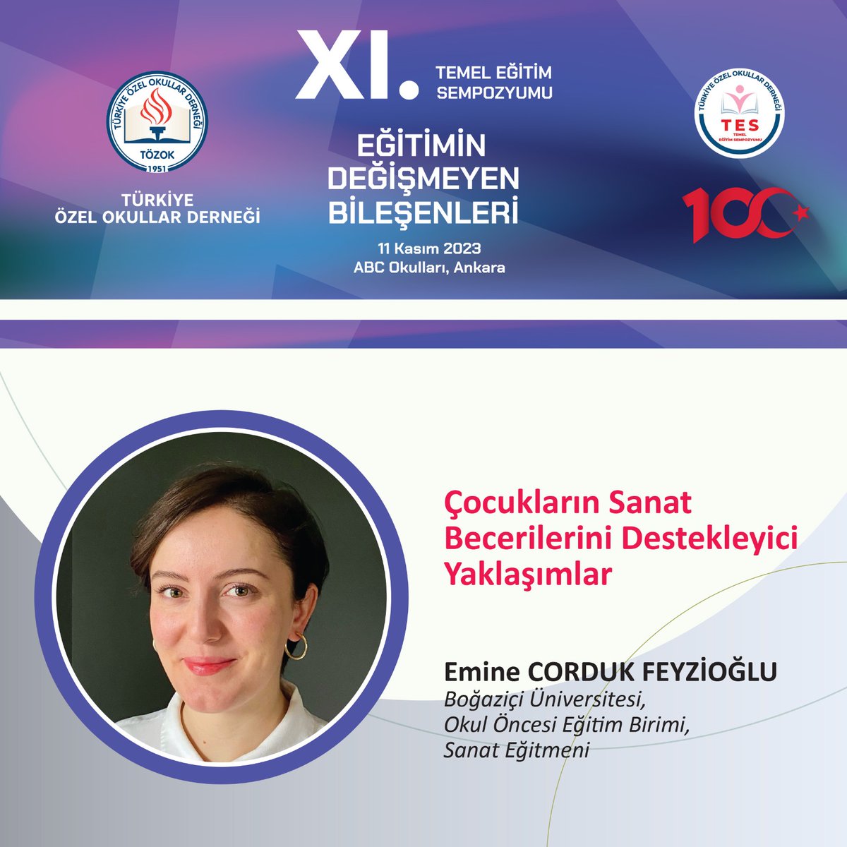 TOZOK1951's tweet photo. Boğaziçi Üniversitesi, Okul Öncesi Eğitim Birimi, Sanat Eğitmeni Emine CORDUK FEYZİOĞLU; "Çocukların Sanat Becerilerini Destekleyici Yaklaşımlar" konulu sunumuyla 11 Kasım'da XI. Temel Eğitim Sempozyumu'nda bizlerle olacak. Kayıt linki https://t.co/Aa5ZiFiboK
#tesXI @abcokullari https://t.co/ZHpL3h44FQ