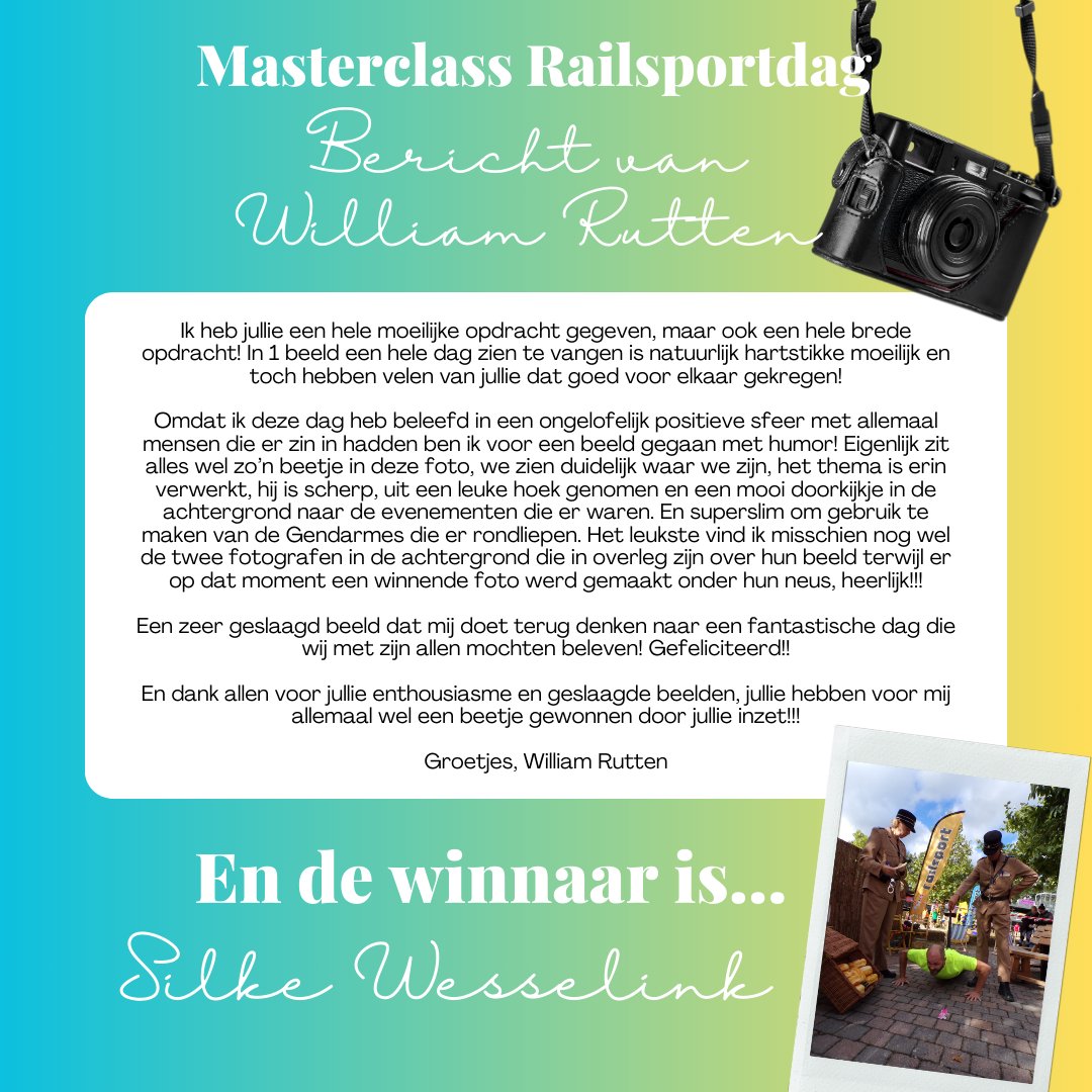 Railsport's tweet photo. Tijdens de Railsportdag waren er veel verschillende kennismakingsclinics, één daarvan was 'schiet een perfect plaatje'. William Rutten heeft een winnaar gekozen en heeft ook nog een leuk bericht voor jullie! Benieuwd naar de andere foto's? https://t.co/gSdzH0DAsH https://t.co/kRJj2sE8dy
