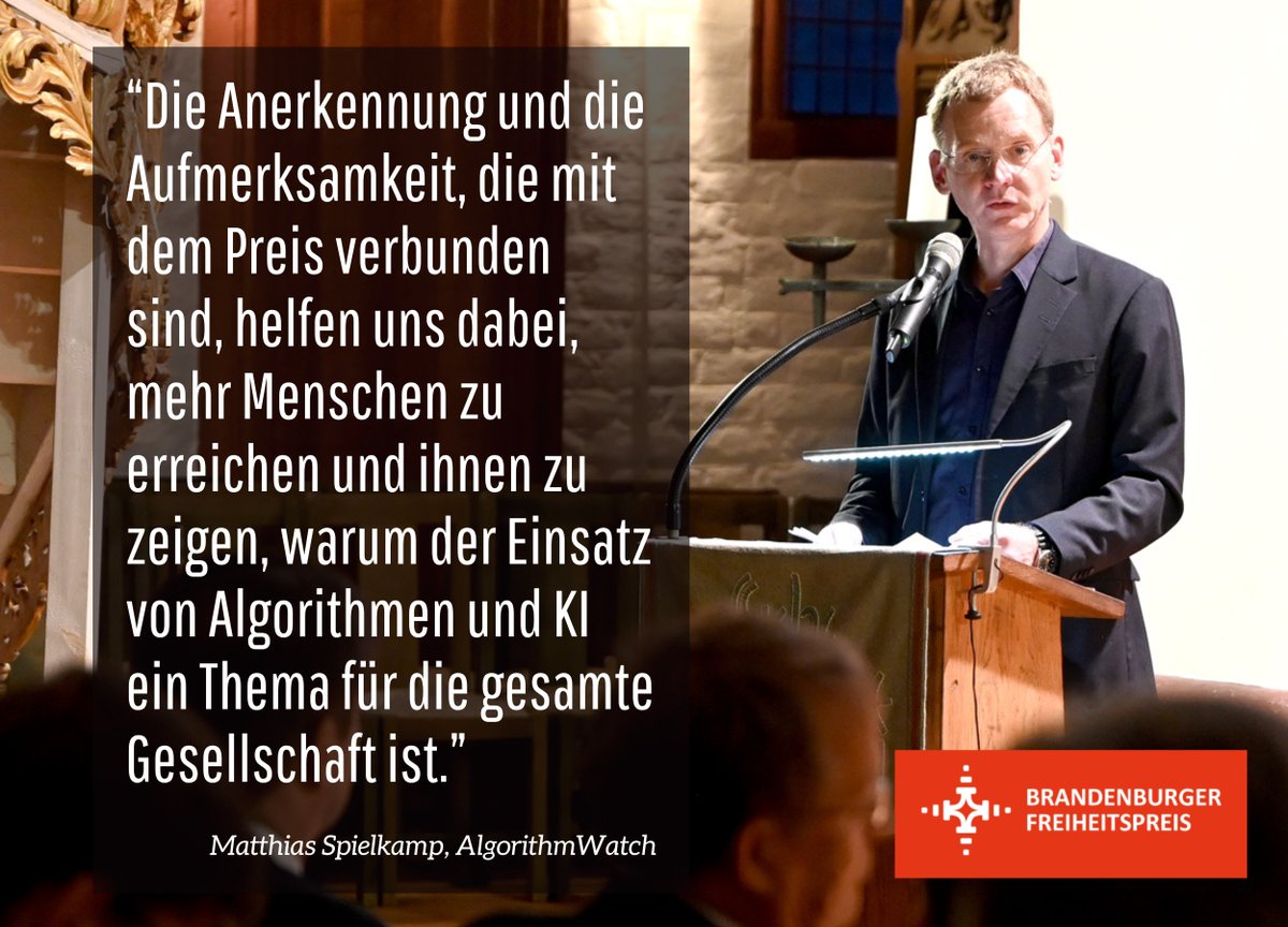 AlgorithmWatch (@algorithmwatch) on Twitter photo Wir freuen uns sehr über die Auszeichnung mit dem Brandenburger Freiheitspreis 2023.
Wie wir uns dafür einsetzen, dass #Algorithmen und #KI die #Demokratie stärken, statt sie zu schwächen, erklärte AlgorithmWatch-Geschäftsführer <a href="/spielkamp/">Matthias Spielkamp</a> auf radioeins: radioeins.de/programm/sendu… Wir freuen uns sehr über die Auszeichnung mit dem Brandenburger Freiheitspreis 2023.
Wie wir uns dafür einsetzen, dass #Algorithmen und #KI die #Demokratie stärken, statt sie zu schwächen, erklärte AlgorithmWatch-Geschäftsführer <a href="/spielkamp/">Matthias Spielkamp</a> auf radioeins: radioeins.de/programm/sendu…