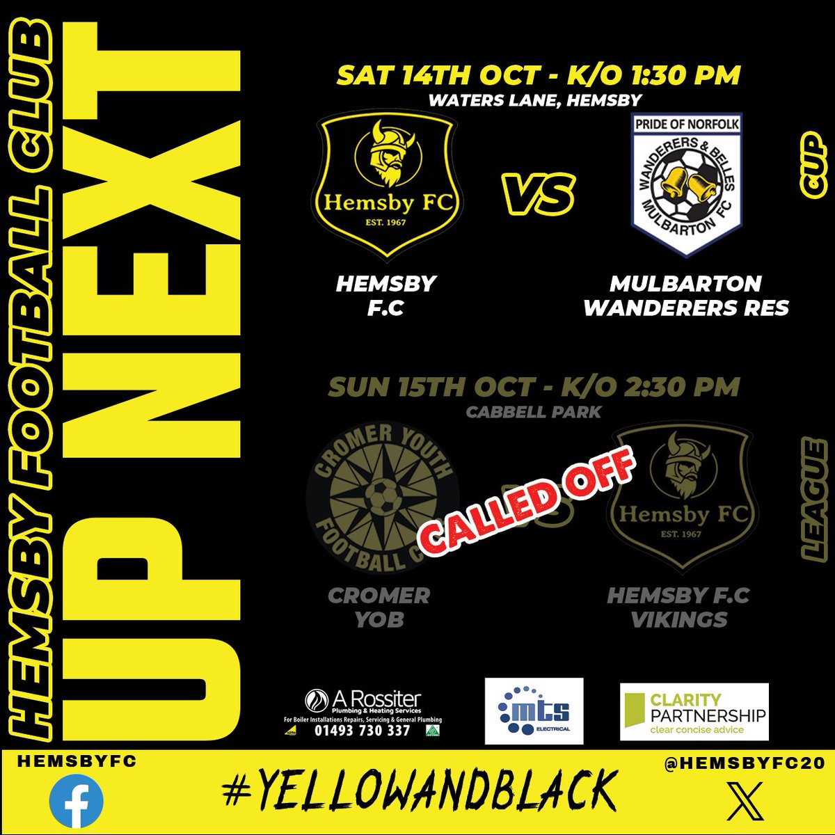 💛🖤FIXTURES UPDATE🖤💛 
All eyes on our 1st team this weekend as our Vets game on Sunday has been called off.
Be sure to pop down waters lane tomorrow &amp; support the 1st team.
#hemsbyfc #waterslane #norfolkfootball #yellowandblack #nonleaguefootball