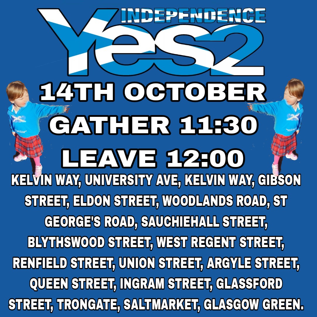 #Yes2IndeeGlasgow Join us tomorrow in the YES city of Glasgow. Bring your flags and banners . Saor Alba Gu Brath 🏴󠁧󠁢󠁳󠁣󠁴󠁿