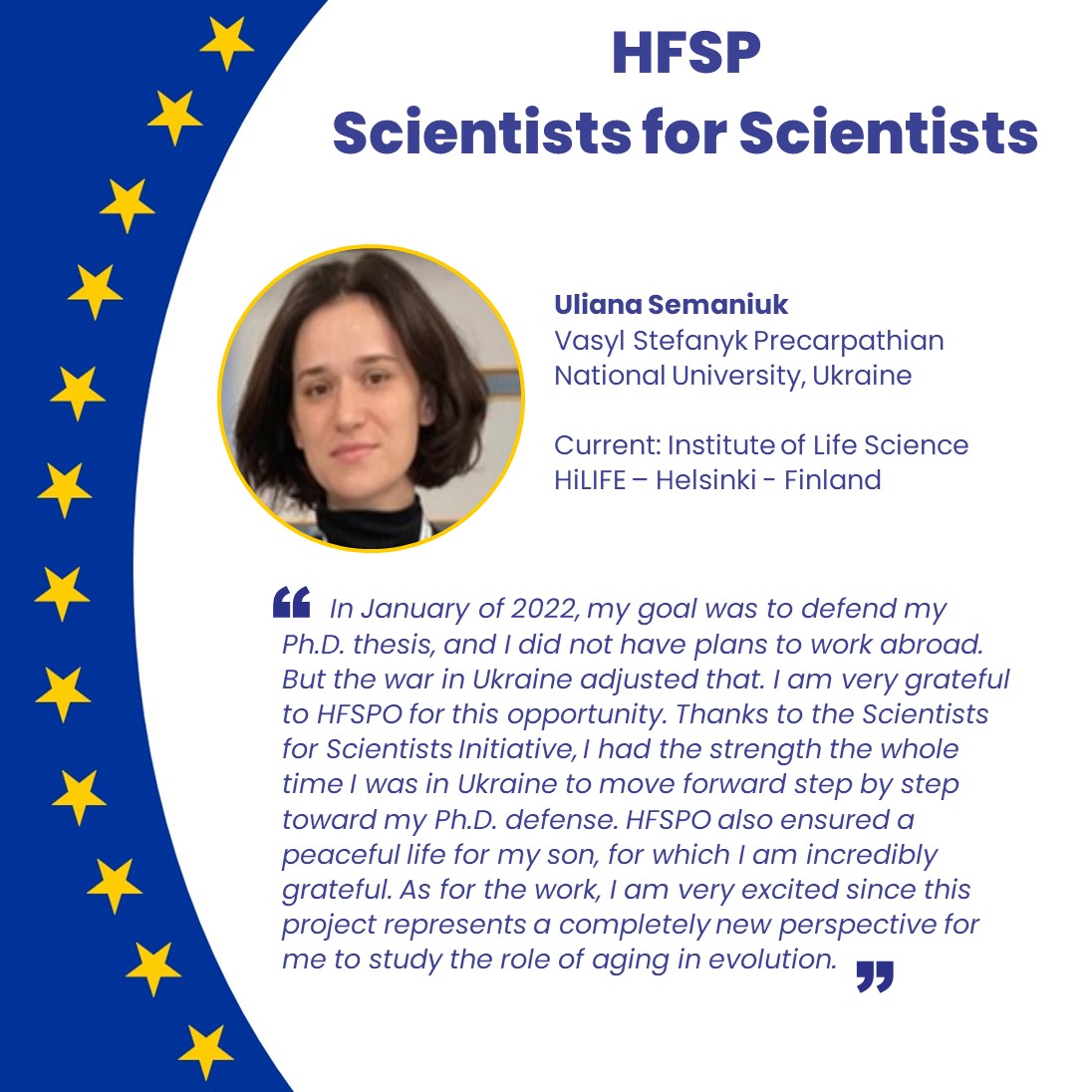 Uliana Semaniuk is a Ukrainian biochemist who joined the #HFSP-funded project, “A new role for aging: origin of cellular differentiation and the evolution of complex life', under the #Scientists4Scientists initiative. bit.ly/3qBwfMr #solidarity #basiclifesciences