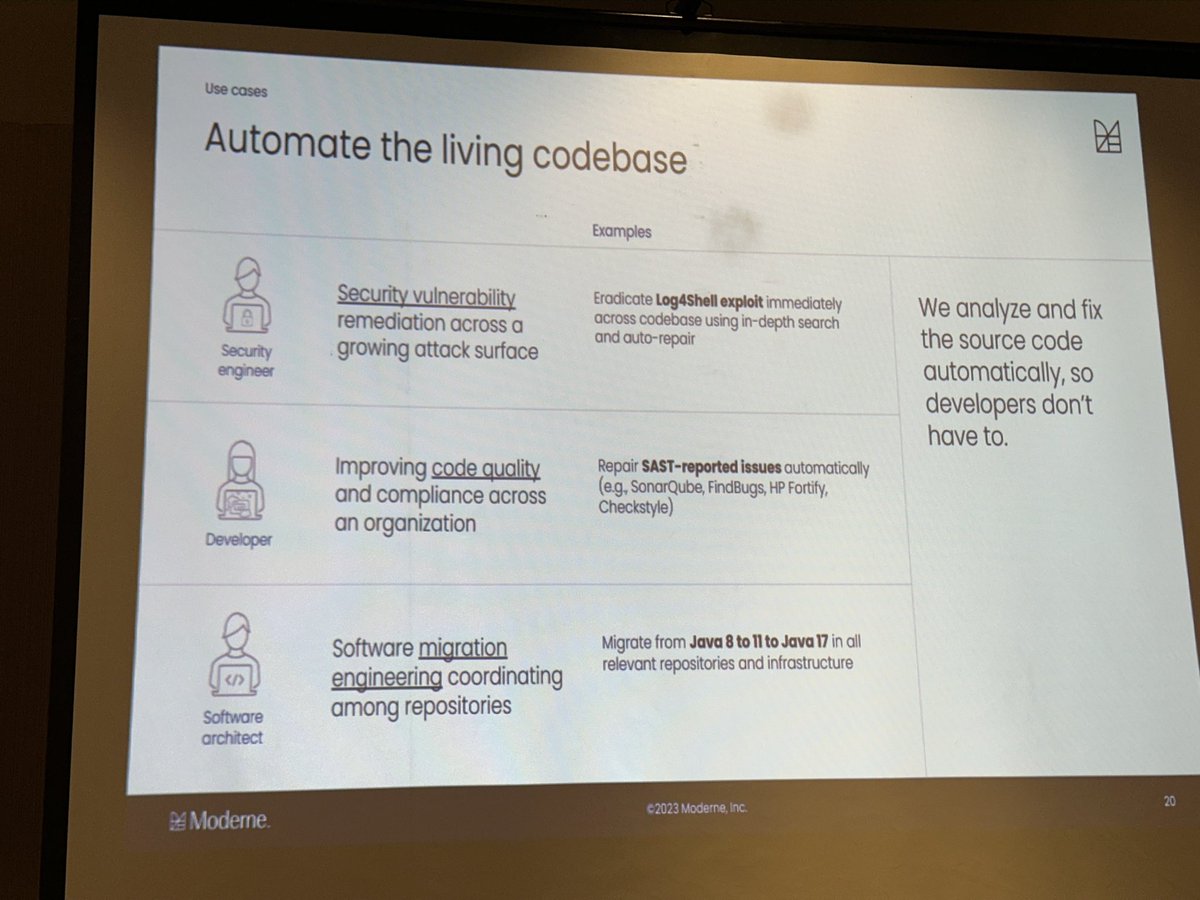 tiffanyfayj's tweet image. Things you can do with @moderneinc and @OpenRewrite 

“We analyze and fix the source code automatically, so developers don’t have to.”
@TimteBeek 
@DevoxxMA 

docs.openrewrite.org

#moderne #maven #apachemaven #devoxx #devoxxma #openrewrite