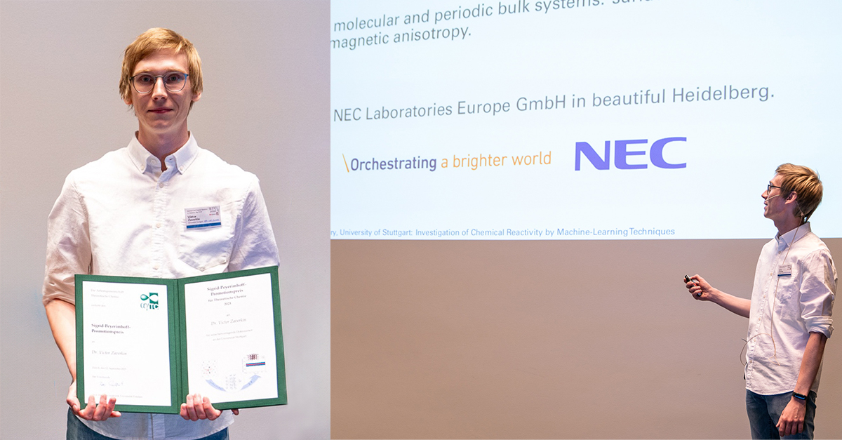 Congratulations to our Intelligent Software Systems Research Scientist Dr. @ViktorZaverkin for receiving the Sigrid Peyerimhoff Doctoral Award for Theoretical Chemistry! His work lies at the intersection of #machinelearning and #computationalchemistry. #NECLabs