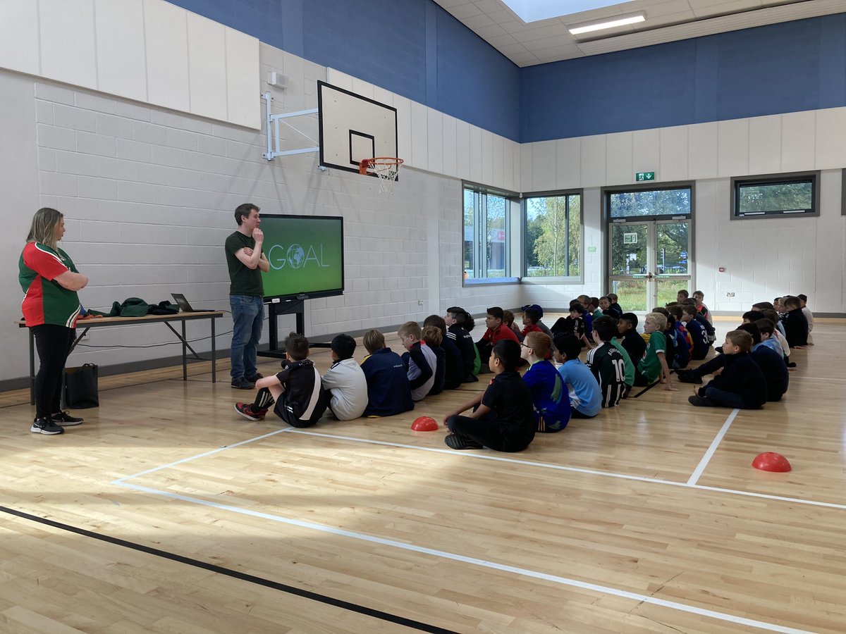 Darragh and Brenda from Goal came to our school today to tell the boys about the amazing work they do. #GOALjerseyday