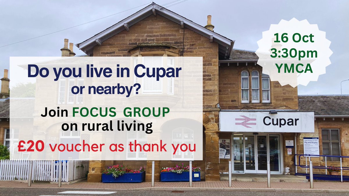 Based in Cupar, Fife 🏴󠁧󠁢󠁳󠁣󠁴󠁿 & no plans for Mon, 16 Oct? Come to our focus group & tell us about your experiences! WHEN: 16/10, 3:30pm WHERE: Marathon House, 93 Bonnygate, KY15 4LG INFO: @RuralBrexit ✉️ our lovely Faye @ f.l.shortland@sheffield.ac.uk Hope to see you there 🤓