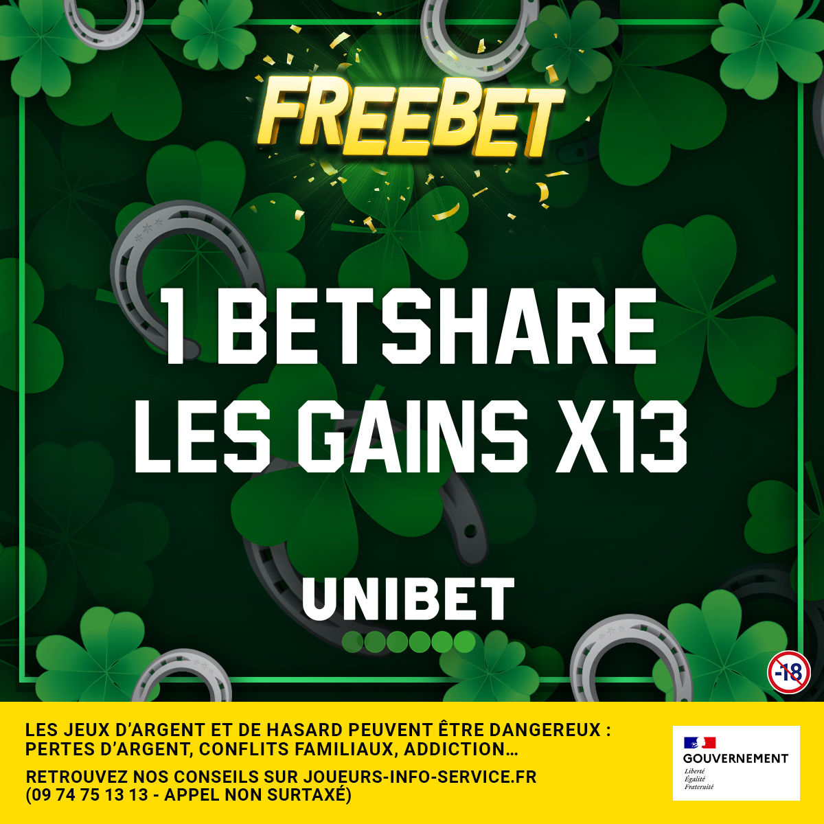 😏 Tu penses que c'est ton jour de chance ? Partage un Betshare gagnant du mois d'octobre d'un gain max de 30€ 🍀

🙌 Unibet te le multiplie par 13 !

👉 RT + pseudo + Betshare + #FreebetUnibet pour participer