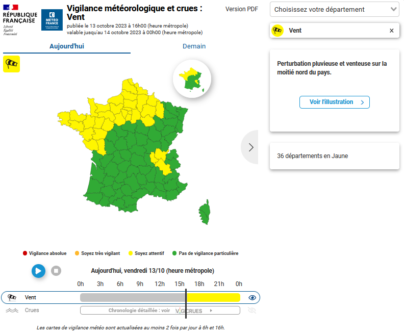 🌬️🟡 #Vigilancejaune #vent
Ce vendredi 13 octobre.

⚠️ Attention aux fortes rafales en particulier sur les régions du Nord-Ouest.

👉vigilance.meteofrance.fr