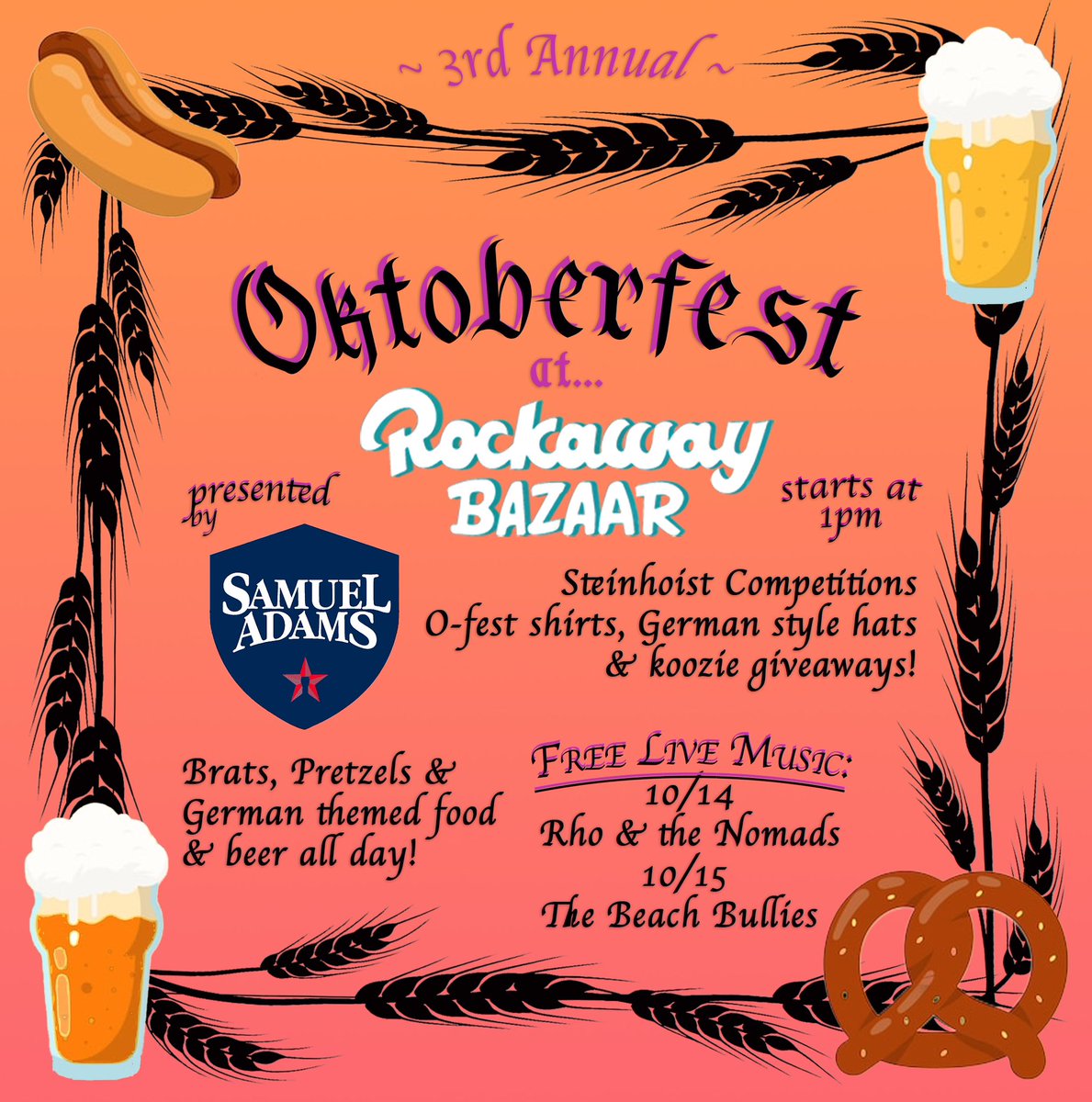 RockawayBazaar's tweet photo. We are hosting our 3rd annual Oktoberfest at Rockaway Bazaar B97!  Presented by Sam Adams NYC🍺🥨🌭 It starts at 1pm and Sat @rhoandthenomads with be playing live. Sun we have a live set the Beach Bullies and there will be German beers and foods to enjoy. 

#Oktoberfest https://t.co/qP0OZ3U3c6