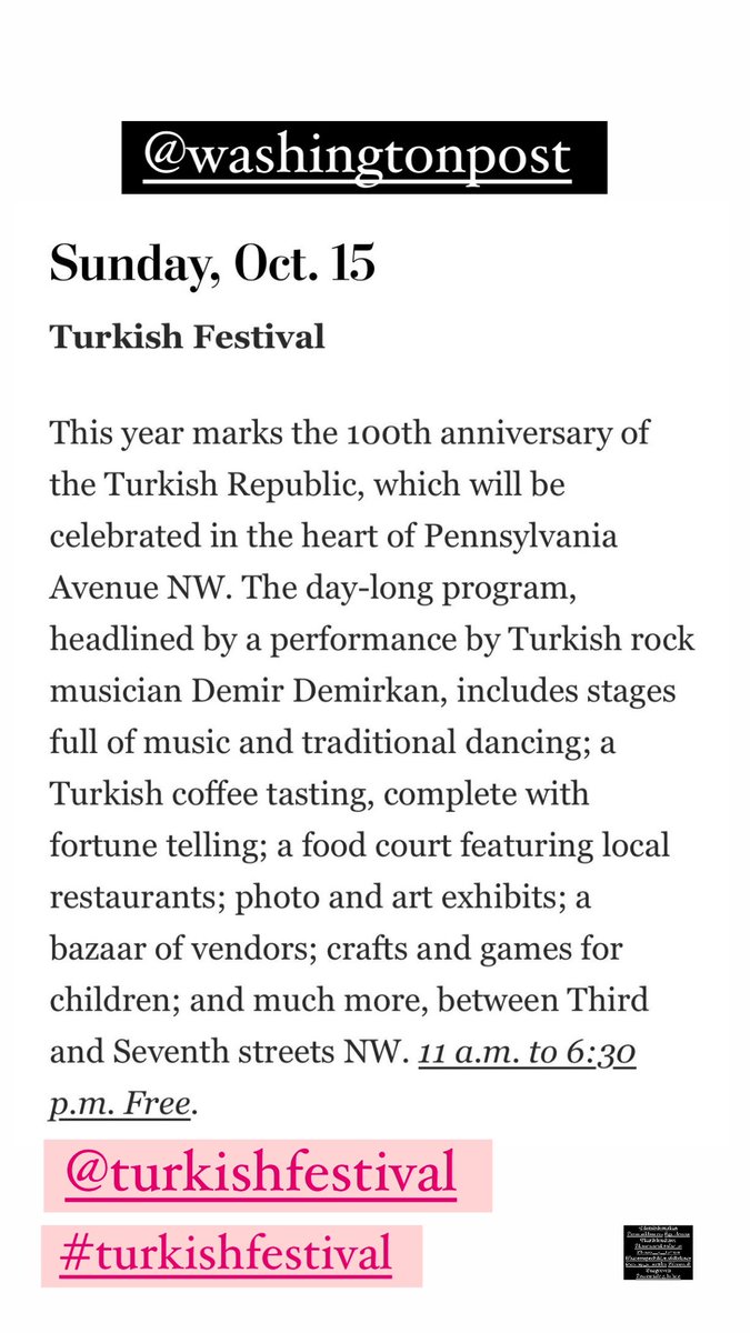 Thank you <a href="/washingtonpost/">The Washington Post</a> for choosing the Turkish Festival among the best things to do in DC this weekend ❤️🙏🏼 Join us this Sunday Oct 15 on Penn Ave NW. washingtonpost.com/dc-md-va/2023/…        #Turkish #turkishfestival #letsgoturkish #dc #events