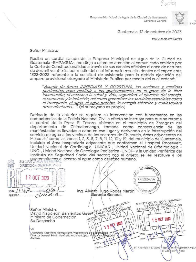 empagua_gt's tweet photo. Carta Abierta al Señor Ministro @NapoleonBG_ :

Solicitamos su intervención inmediata  para restablecer el suministro de agua en sectores afectados por el secuestro de la Planta el Tesoro. 

🔗 Lee la carta completa aquí: 

#Guatemala #ServiciosEsenciales #EMPAGUA https://t.co/Jd6opdB2hY