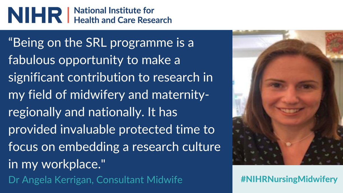 Dr Angela Kerrigan, Consultant Midwife and current NIHR Senior Research Leader, encourages all fellow midwives to apply for this year's Senior Research Leader (SRL) programme. Applications close at the end of October. Find out more: nihr.ac.uk/documents/seni… #NIHRNursingMidwifery