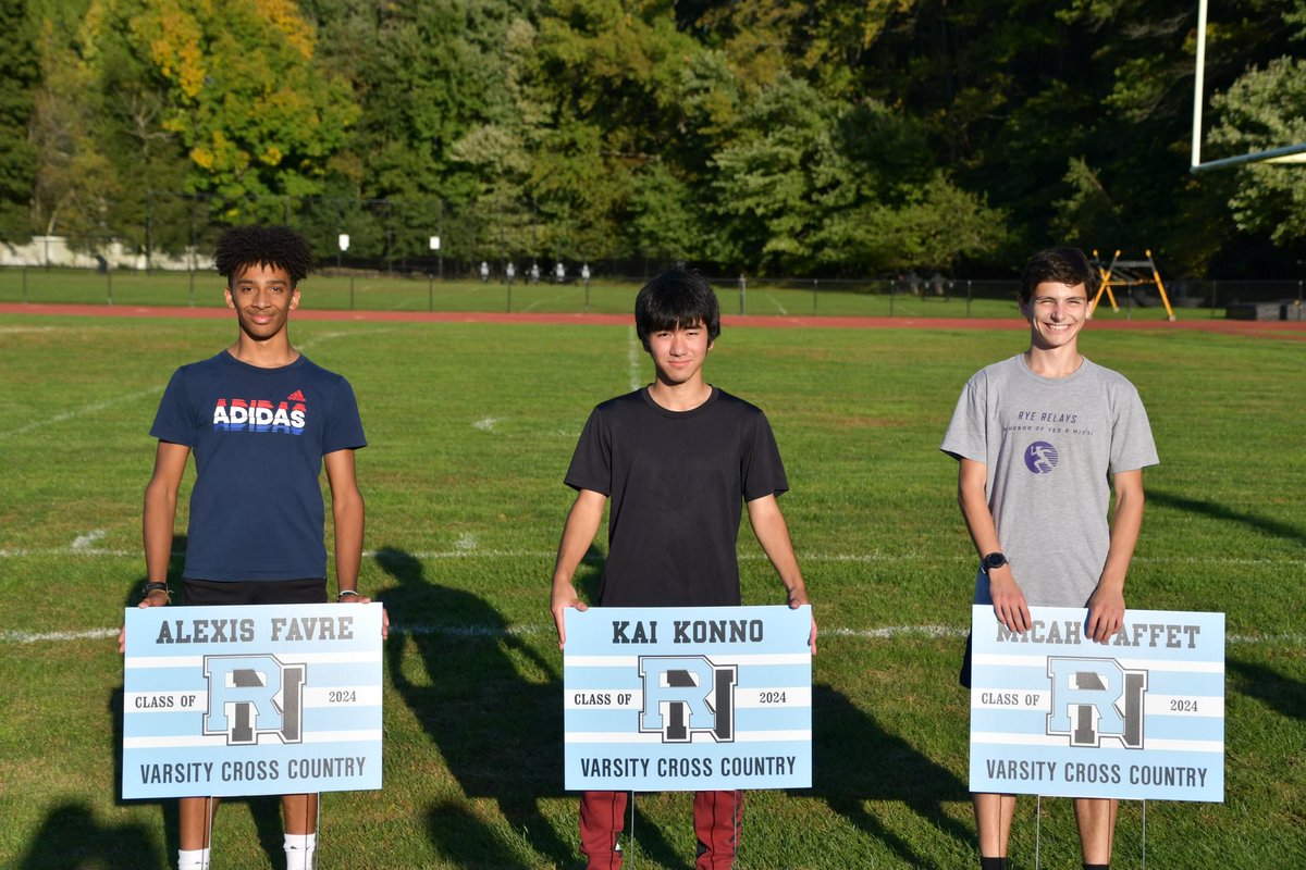 RNHSXCTF's tweet photo. Some pictures from our Senior Day celebration the other day honoring our 3 seniors: Kai, and captains Alex & Micah! The team heads to Van Cortlandt Park on Saturday to race as part of our homecoming! Girls race at 3:32 pm & Boys at 4:08 pm! #RNXC @RNHSathletics @ryeneckschools https://t.co/u5p4XQZHpZ