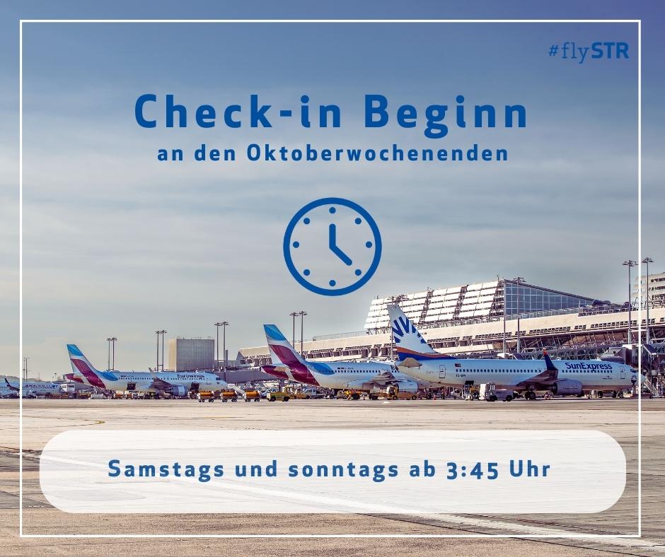 Busy october am STR 🛫 Da an den Wochenenden mehr los ist, öffnen die Check-in-Schalter samstags und sonntags schon ab 3.45 Uhr - das gilt bis zum 29.10.23. #flySTR