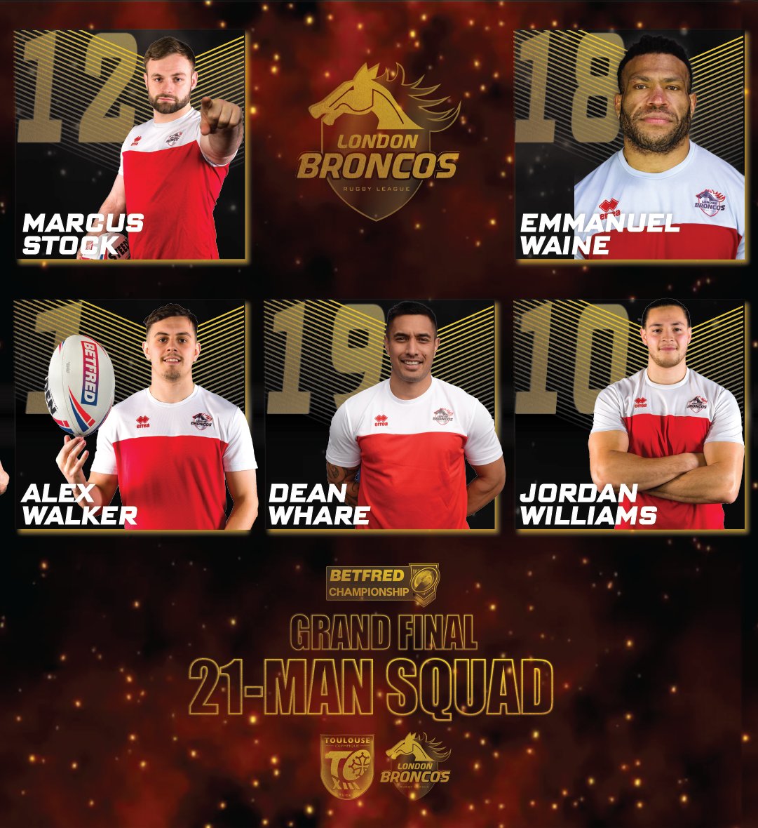 LondonBroncosRL's tweet photo. 21 MAN GRAND FINAL SQUAD ANNOUNCEMENT!!

This is your 21 man squad selected by Mike Eccles to take on Toulouse Olympique this weekend at the Stade Ernest-Wallon! ❤️🖤

#WeAreLondon https://t.co/H09ZQrYcE3
