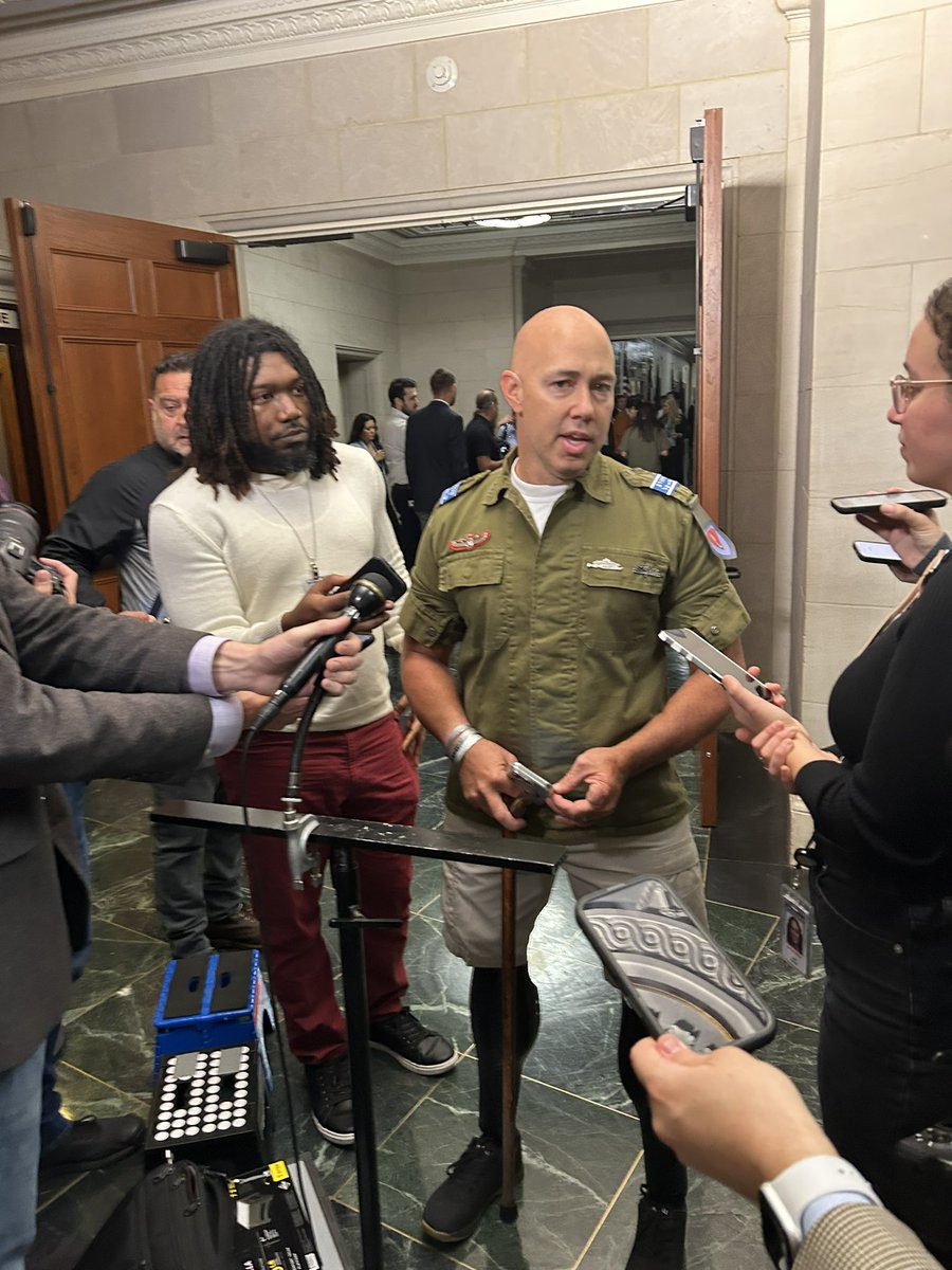 AndrewSolender's tweet image. Rep. Brian Mast is wearing his IDF uniform for the GOP conference meeting today.

“Tlaib has her flag, I got my uniform.”