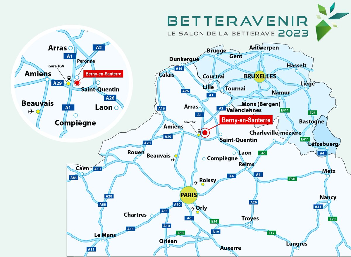 #Betteravenir2023 - Accès et horaires :
📆 Les 25 et 26 octobre 2023
🕣 De 8 h 30 à 18 h
📍à Berny-en-Santerre - Coordonnées GPS : 49.860526, 2.851272
🚗 à 1 h 20 de Paris : au croisement des autoroutes A1 (sortie 13) et l’A29 (sortie 53)
🚄 à 10 min de la gare TGV Haute-Picardie