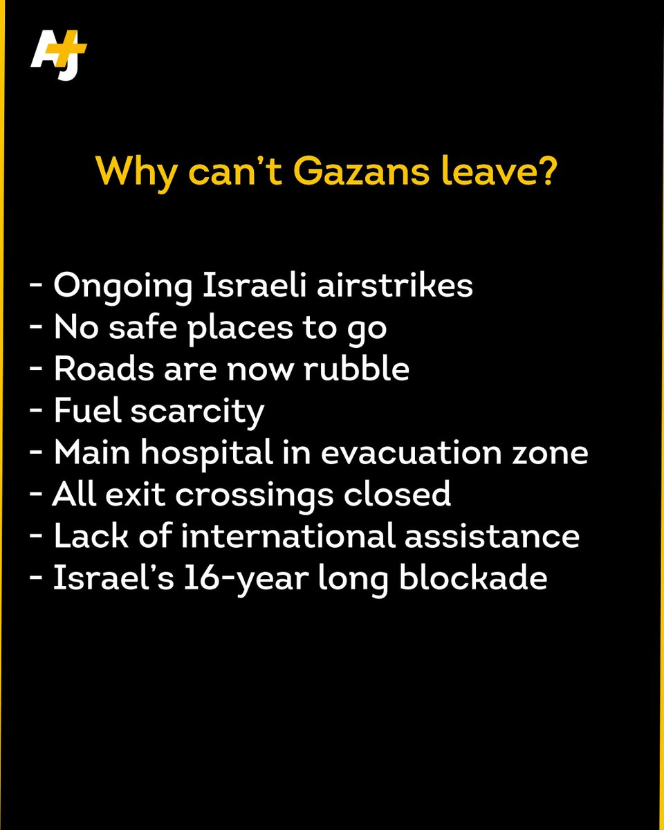 ajplus's tweet image. Israel’s military told 1.1 million Palestinians in occupied Gaza to move south within 24 hours ahead of a potential ground offensive on the enclave.

Israel has been bombarding the area since Oct. 7.

Here’s why people in Gaza can’t just leave.