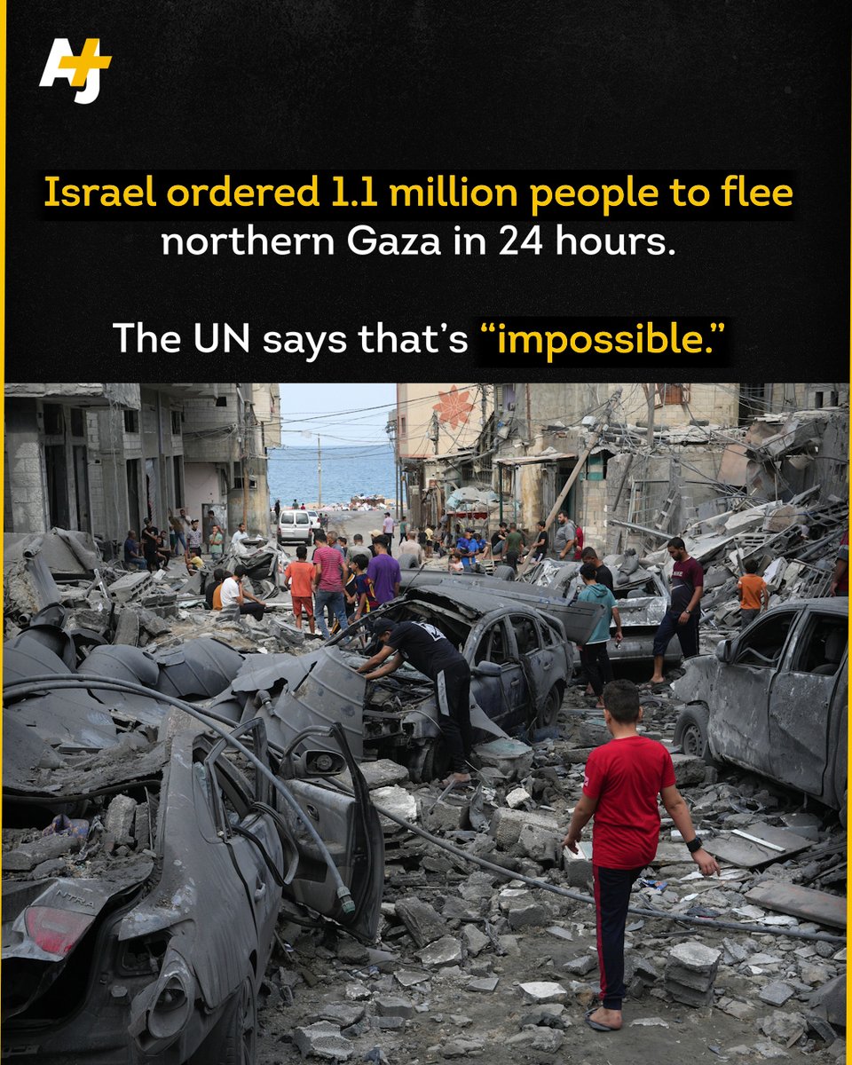ajplus's tweet image. Israel’s military told 1.1 million Palestinians in occupied Gaza to move south within 24 hours ahead of a potential ground offensive on the enclave.

Israel has been bombarding the area since Oct. 7.

Here’s why people in Gaza can’t just leave.