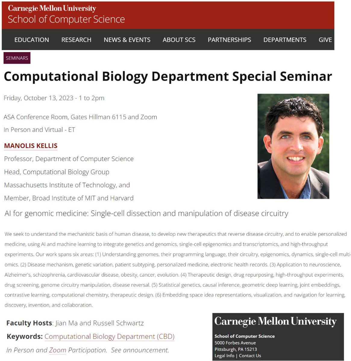 Excited to speak at #CMU #CS #CompBio at 1pm today (in person and on #zoom). 
#AI for #GenomicMedicine: #SingleCell Dissection and Manipulation of #DiseaseCircuitry
1pm at GatesHillman GHC 6115
Zoom link: cmu.zoom.us/j/98431590345?…
Info: cs.cmu.edu/calendar/17029…
Hosts: @jmuiuc and…