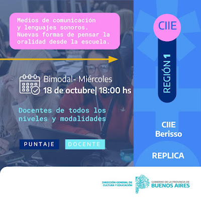 PilarRamirezdeC's tweet photo. Taller “Medios de comunicación y lenguajes sonoros. Nuevas formas de pensar la oralidad desde la escuela”.
Dará inicio el miércoles 18 de octubre en el CIIE Berisso en formato bimodal. Inscripción:  https://t.co/FQt6g3A5JJ https://t.co/iE3oiIhWS1